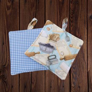 Handmade Potholder, Set of 2, Reversible Baking and Blue Gingham Hot Pads